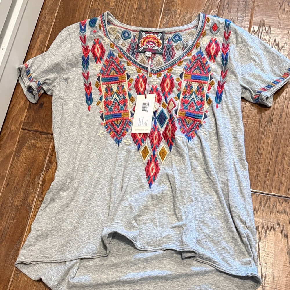 Johnny Was Gray Tee with Colorful Embroidery